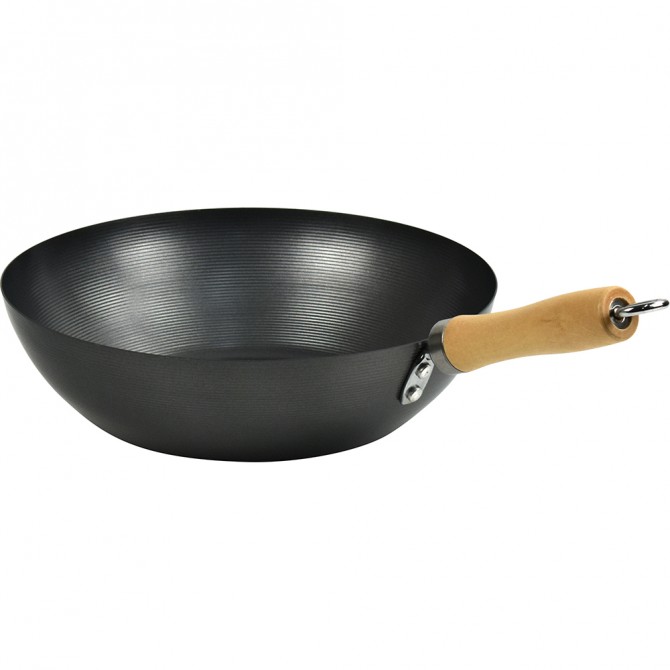 Non Stick Carbon Steel Wok With Long Wooden Handle 28cm BAKEWARE image