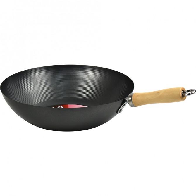 Non Stick Carbon Steel Wok With Long Wooden Handle 30cm image