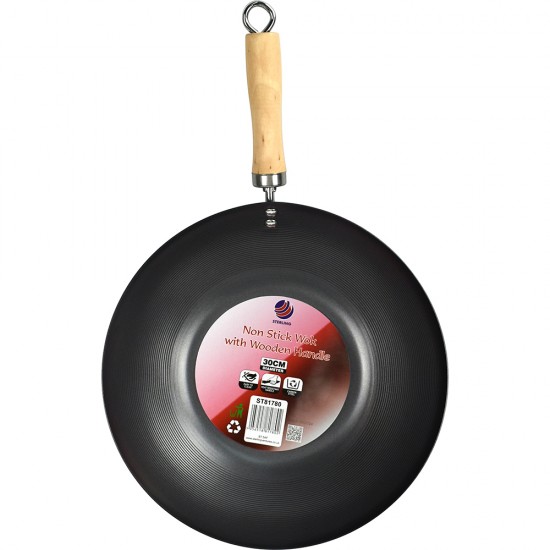 Non Stick Carbon Steel Wok With Long Wooden Handle 30cm image