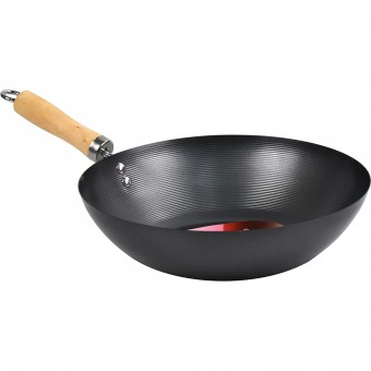 Non Stick Carbon Steel Wok With Long Wooden Handle 30cm