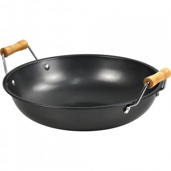 Non Stick Carbon Steel Wok With Short Wooden Handles 32cm