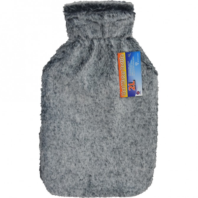 Faux Fur Cover Hot Water Bottle 2L Black image