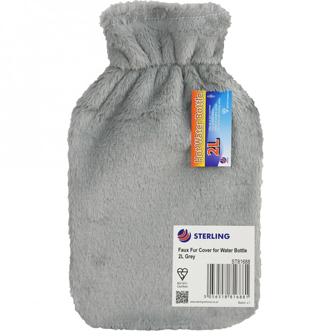 Faux Fur Cover Hot Water Bottle 2L Grey image