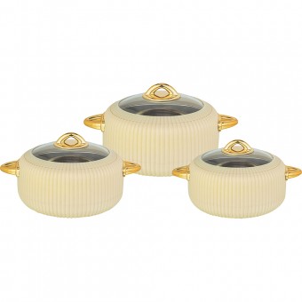 Hot Pot Food Warmer Thermal Insulated Casserole Serving Dish Set Ivory Rivoli With Glass Lids 1.8-2.4-3.2L (3 Pieace Set)