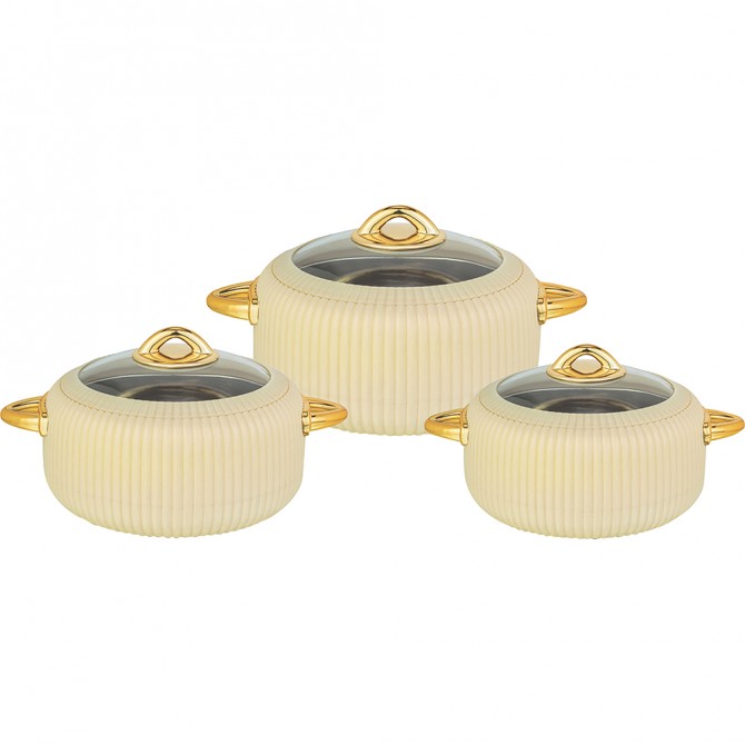 Hot Pot Food Warmer Thermal Insulated Casserole Serving Dish Set Ivory Rivoli With Glass Lids 1.8-2.4-3.2L (3 Pieace Set) SERVEWARE image