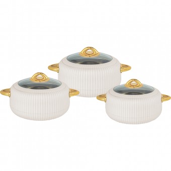 Hot Pot Food Warmer Thermal Insulated Casserole Serving Dish Set White Rivoli With Glass Lids 1.8-2.4-3.2L (3 Pieace Set)